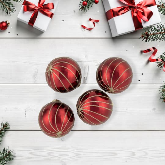 4ct. 3" Burgundy Red and Gold Glitter Striped Glass Christmas Ball Ornaments